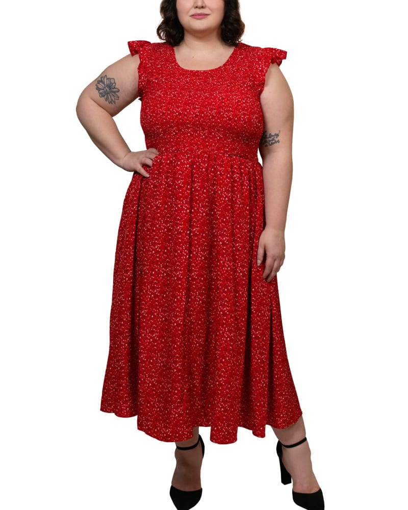 Front of a model wearing a size XL Eleanor Midi Dress Smocked Bodice Fit Flared Red in Red by ANNICK. | dia_product_style_image_id:294503